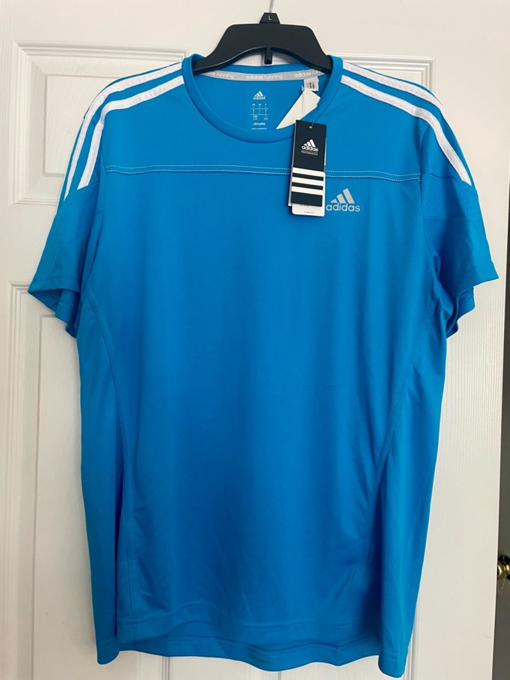 Adidas Men’s Bright Blue Short Sleeve Athletic Tee with White Stripes size L